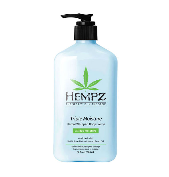 Light blue 17 ounce bottle of Hempz Triple Moisture Herbal Whipped Body Crème with black and green lettering and design accents