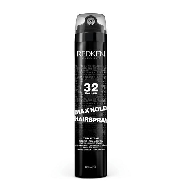 Black 300 ml can of Redken 32 Max Hold Hairspray Triple Take with white lettering