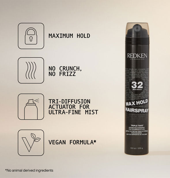 A can of Redken 32 Max Hold Hairspray is labeled with its key benefits represented by infographics: Maximum hold; No crunch, no frizz; Tri-diffusion actuator for ultra-fine mist; Vegan formula