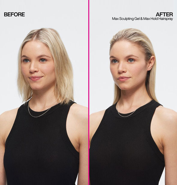 Side-by-side comparison of model's hair before and after styling with Redken Max Sculpting Gel and Max Hold Hairspray
