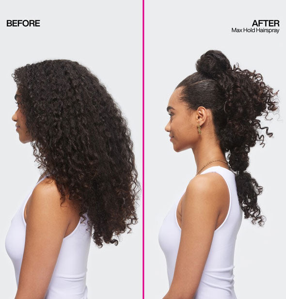 Side-by-side comparison of model's hair before and after styling with Redken Max Hold Hairspray