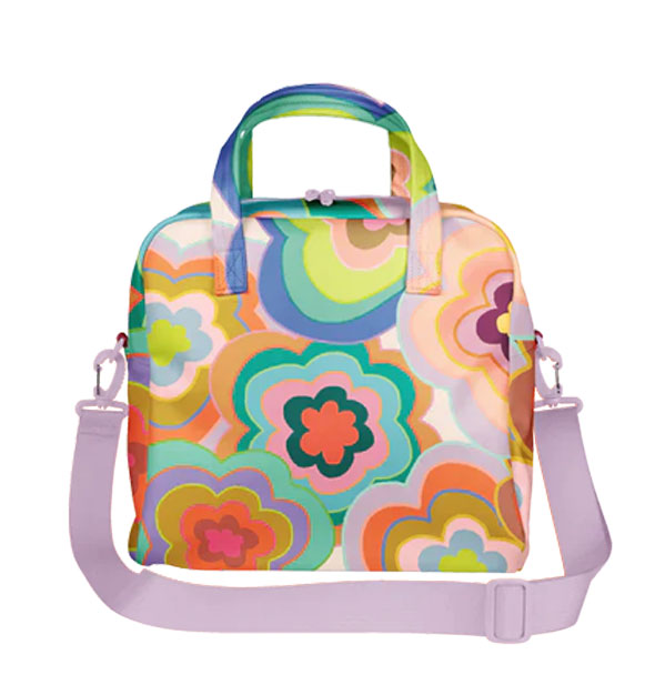 Skate bag with multicolored radial daisy print and detachable purple nylon webbing shoulder strap