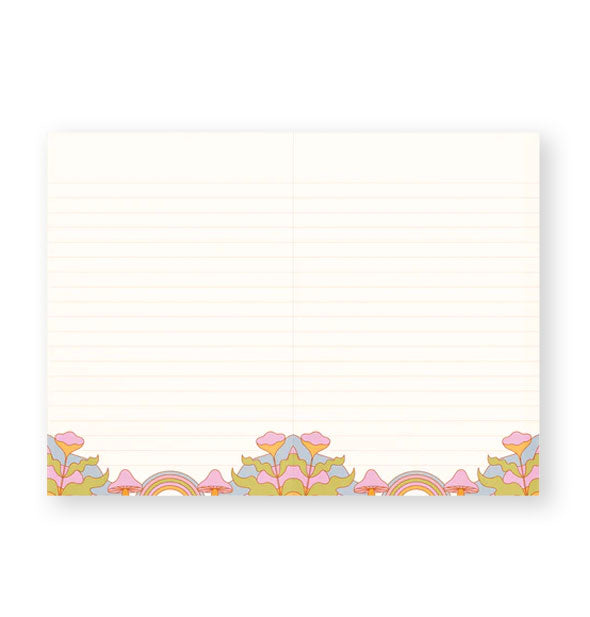 Notebook interior features lined pages with a colorful floral and mushroom lower border