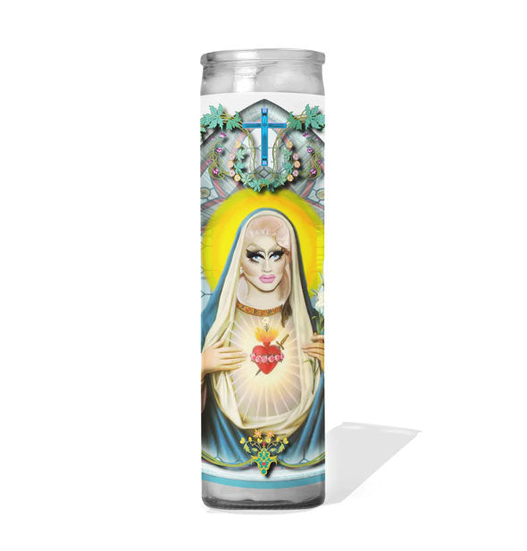 Prayer candle featuring image of drag queen Trixie Mattel revealing sacred heart emblem on her chest