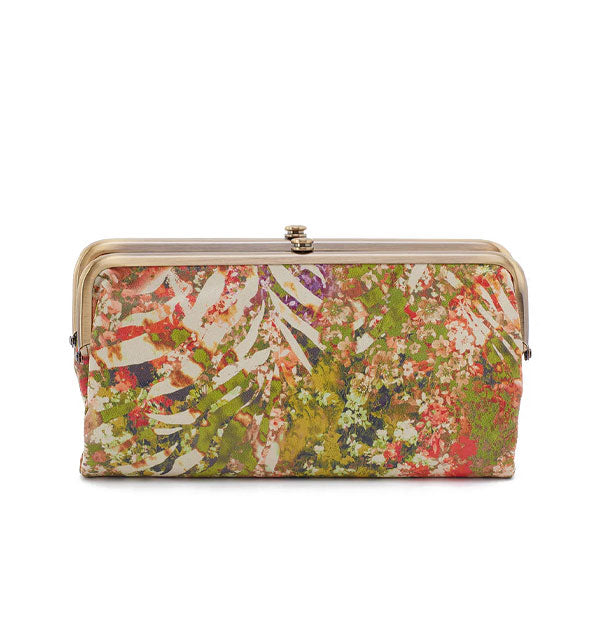 Wallet with colorful tropical floral print and brass frame hardware