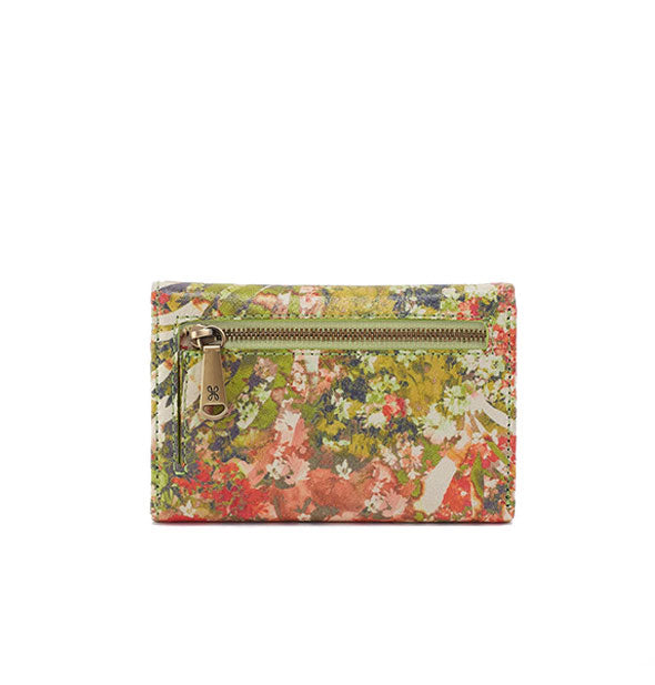 Back of Tropic Print Jill Wallet features a zipper pocket with brass hardware