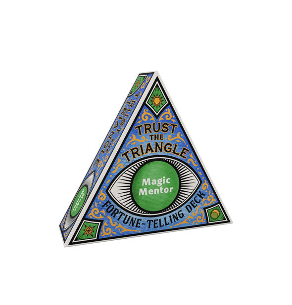 Triangular pack of Trust the Triangle: Magic Mentor Fortune-Telling cards with decorative blue, green, and gold design around a central eye shape