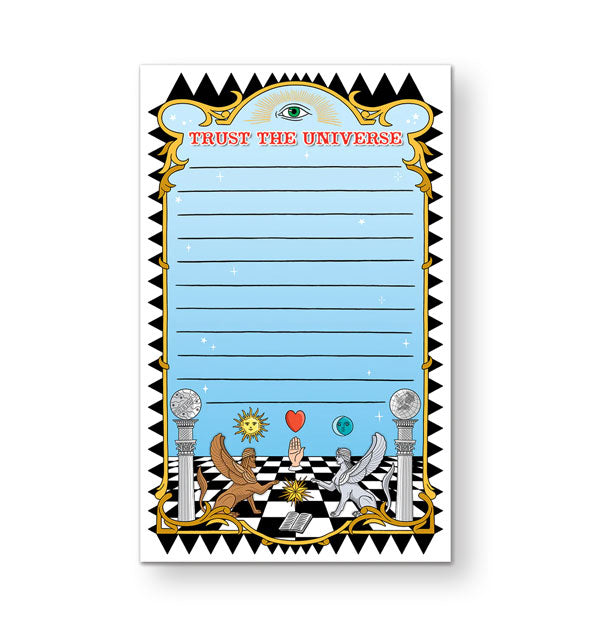 Rectangular lined notepad with central blue sky design and decorative black and gold border features colorful illustration of various mystic symbols on a black and white checkered background and the words, "Trust the universe" at top in red lettering