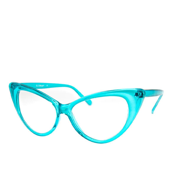 Pair of cat eye glasses with a clear turquoise frame