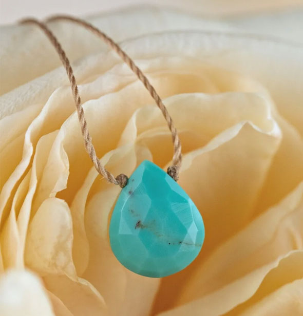 A faceted teardrop-shaped turquoise stone necklace on gold cord hangs over the creamy petals of a flower