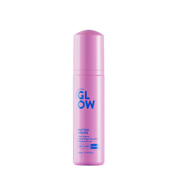 Pink 6.76 ounce bottle of Ultra Dark shade Australian Glow 1 Hour Express Self Tan Mousse with blue lettering