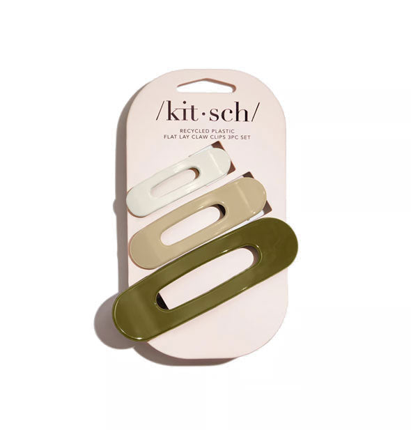 Pack of three Recycled Plastic Flat Lay Claw Clips by Kitsch on product card includes one small white clip, one medium tan clip, and one large green clip