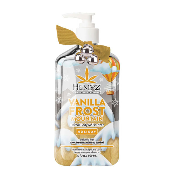 17 ounce bottle of Hempz Vanilla Frost Mountain Herbal Body Moisturizer with silver bells and a yellow ribbon attached and an all-over wintry label motif
