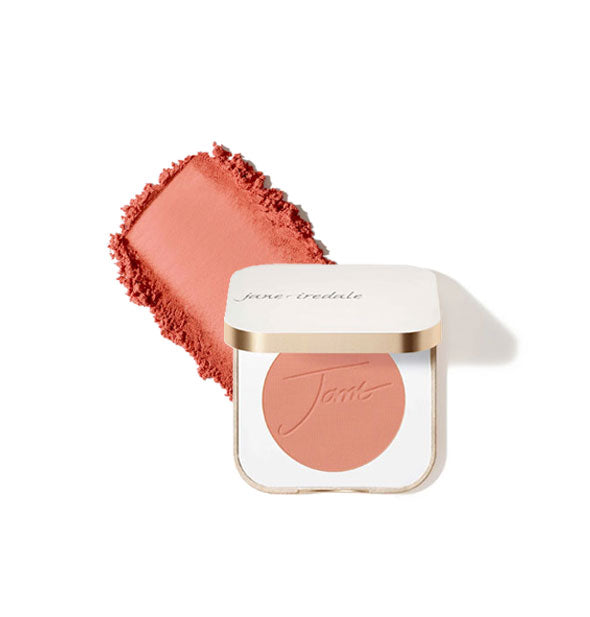 Opened square white and gold Jane Iredale compact reveals blush shade Velvet Petal inside