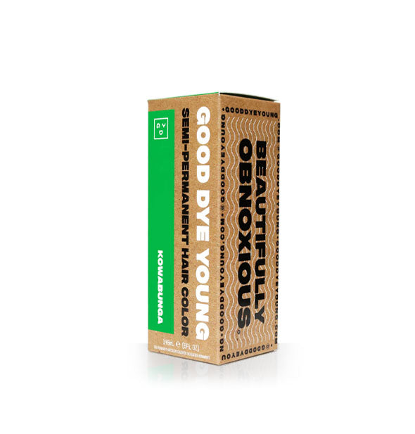 Kraft brown box of Good Dye Young "Beautifully Obnoxious" Kowabunga Semi-Permanent Hair Color with black and white lettering and green accent strip