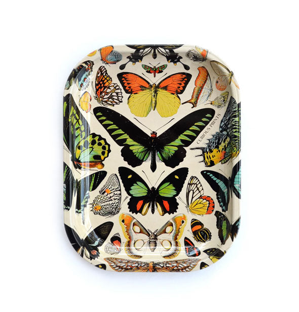 Rectangular tray with rounded corners features all-over colorful illustrations of butterflies