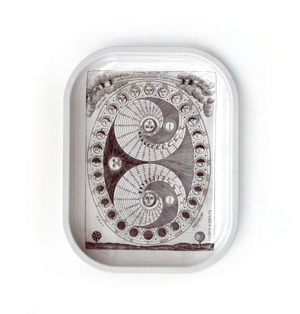 White rectangular tray with rounded corners features an intricate vintage-style moon phase diagram