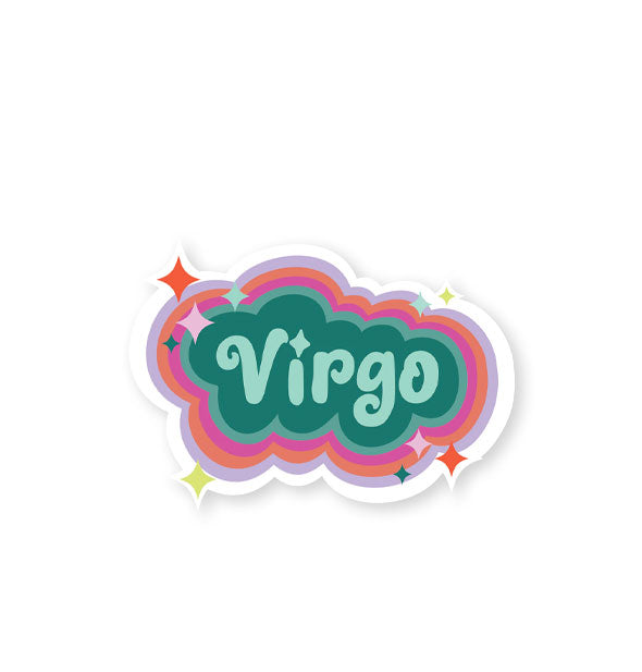 Virgo sticker with colorful striped border and star accents