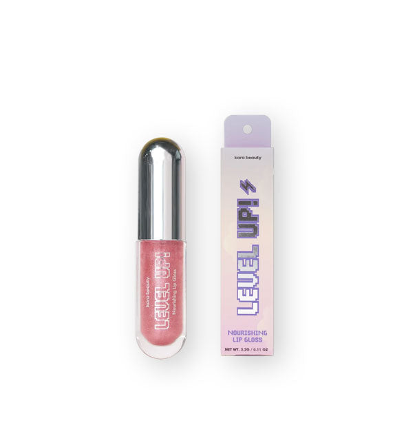 Rounded tube of deep pink Kara Beauty Level Up! Nourishing Lip Gloss with box packaging