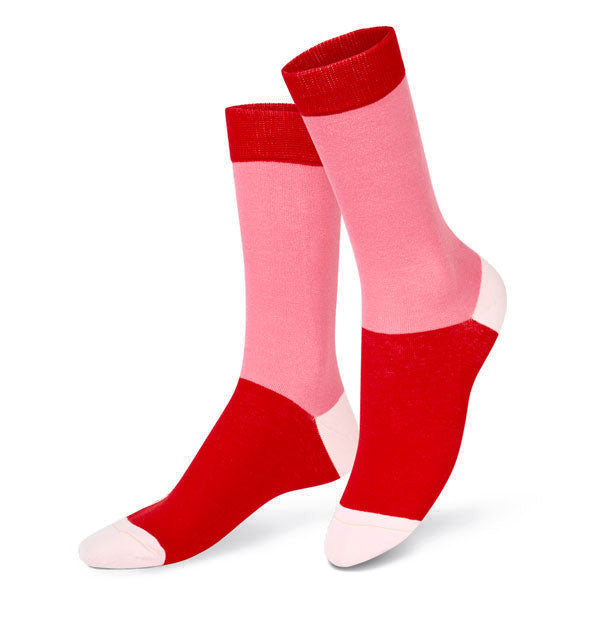 Crew socks with red top band, pink ankle, red foot, and white heel and toe areas