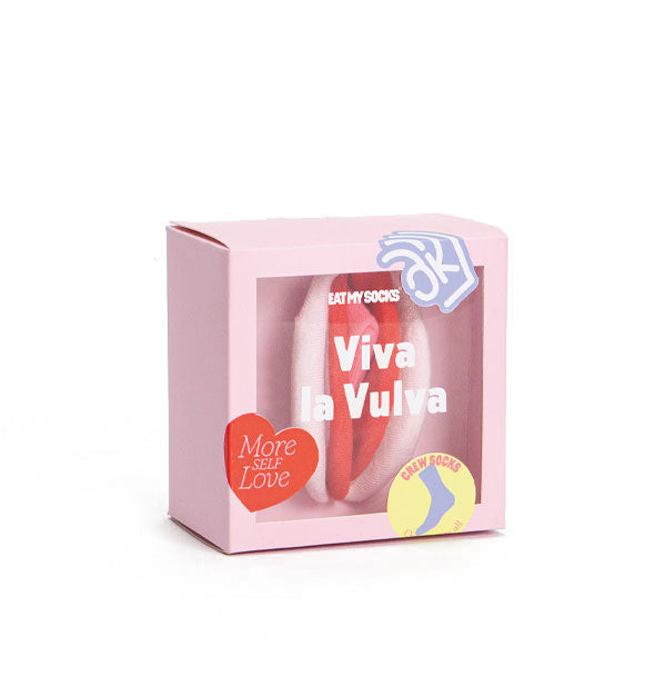 Box of Viva la Vulva socks with clear window through which socks folded to resemble a vulva are visible