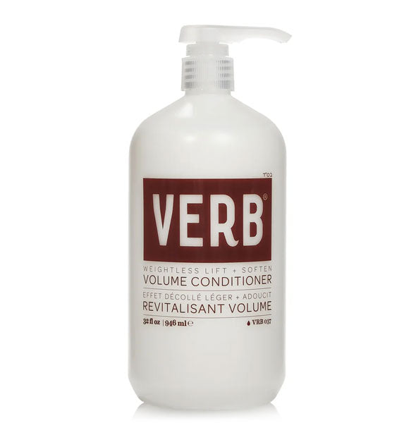 White 32 ounce bottle of Verb Volume Conditioner with brown lettering