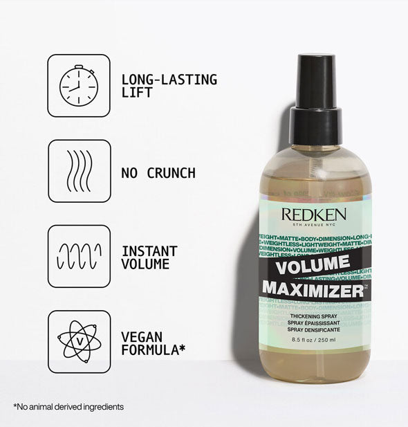 Bottle of Redken Volume Maximizer is labeled with its benefits represented by infographics: Long-lasting lift; No crunch; Instant volume; Vegan formula