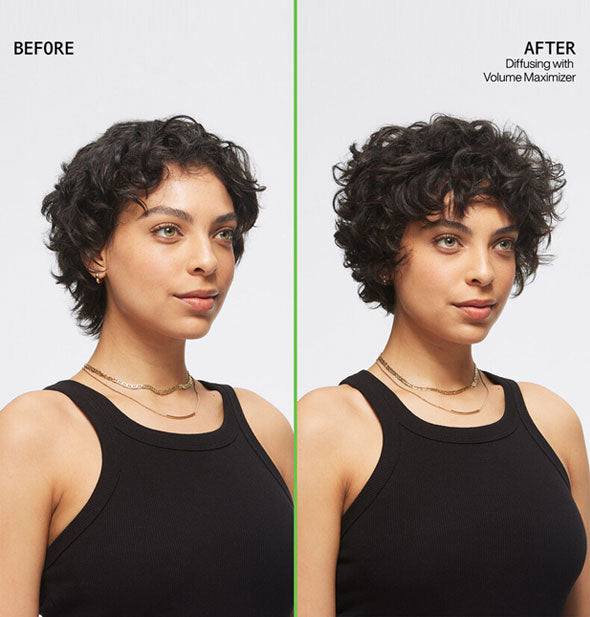Side-by-side comparison of model's hair before and after diffusing with Redken Volume Maximizer