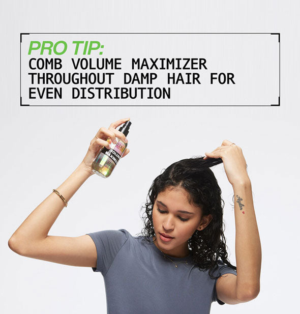 Model demonstrates application of Redken Volume Maximizer under the caption, "Pro tip: Comb Volume Maximizer throughout damp hair for even distribution"