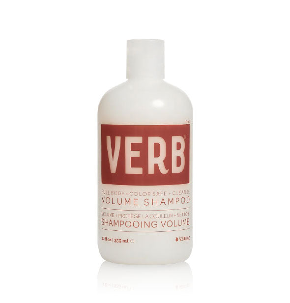 White 12 ounce bottle of Verb Volume Shampoo with brown lettering