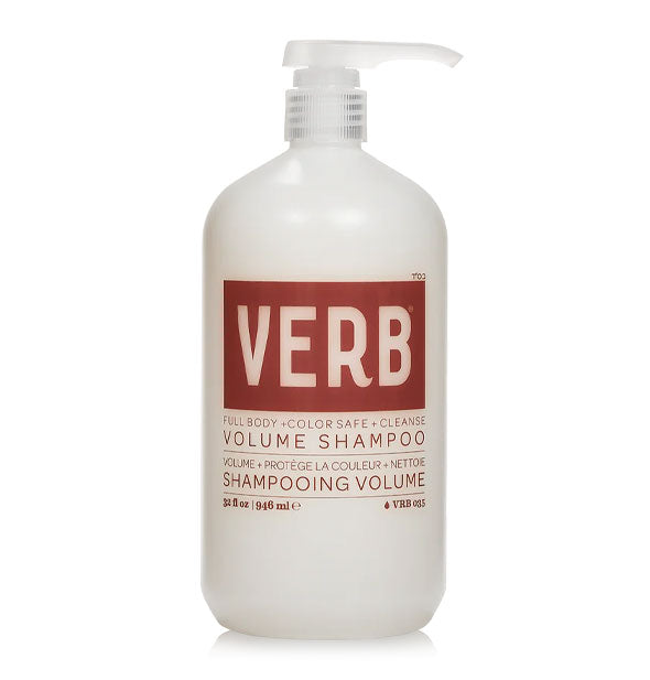 White 32 ounce bottle of Verb Volume Shampoo with brown lettering