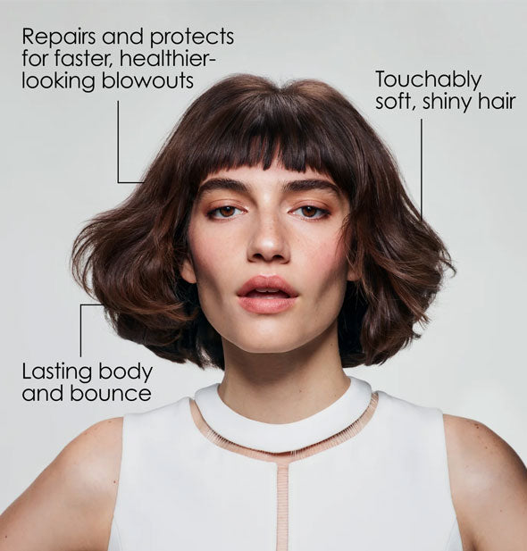 Model with full-looking short hairstyle that's labeled, "Repairs and protects for faster, healthier-looking blowouts; Touchably soft, shiny hair; Lasting body and bounce"