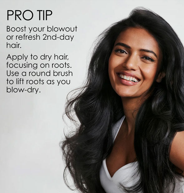 Model with long, full-looking hair is pictured next to the caption, "Pro tip: Boost your blowout or refresh 2nd-day hair. Apply to dry hair, focusing on roots. Use a round brush to lift roots as you blow-dry."
