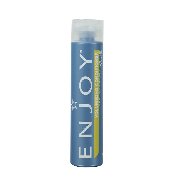 Blue 10 ounce bottle of Enjoy Volumizing Conditioner with lime green accent stripe