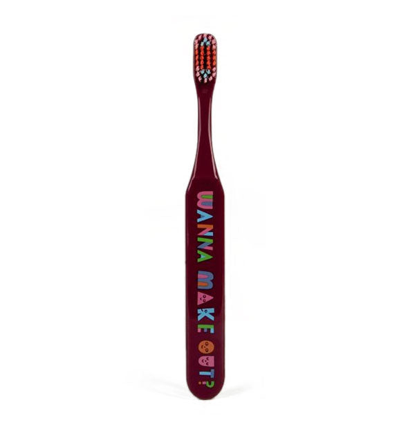 Brown toothbrush with colorful bristles and lettering that says, "Wanna make out?"