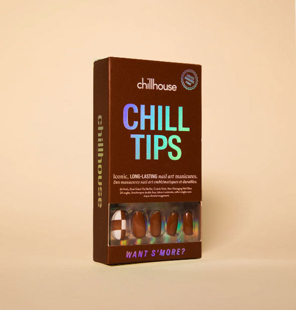 Brown box of Chillhouse Chill Tips press-on nails in Want S'More style with brown and white color scheme