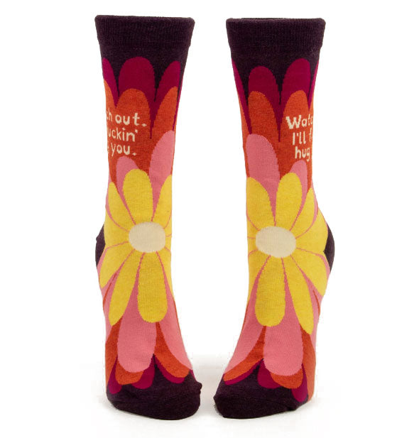 Crew socks with colorful floral design and lettering on the ankles