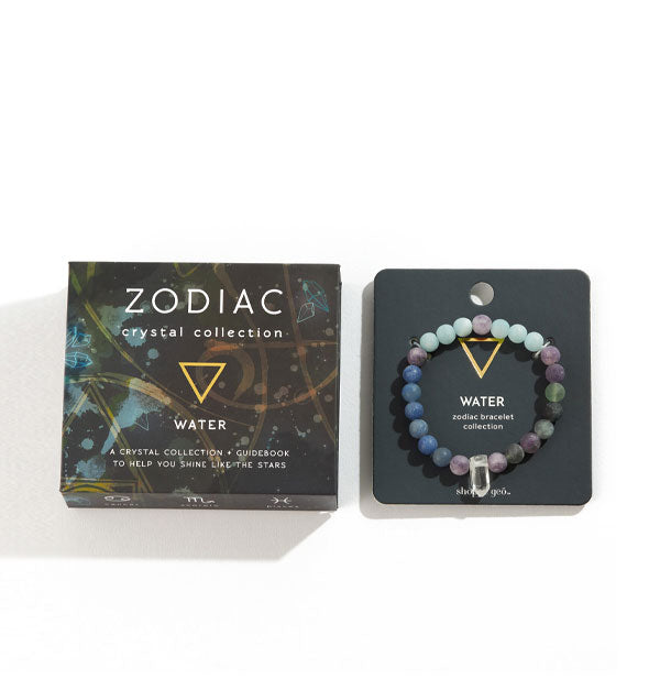 Zodiac Crystal Collection Water bead bracelet with blue color scheme on backer card next to box
