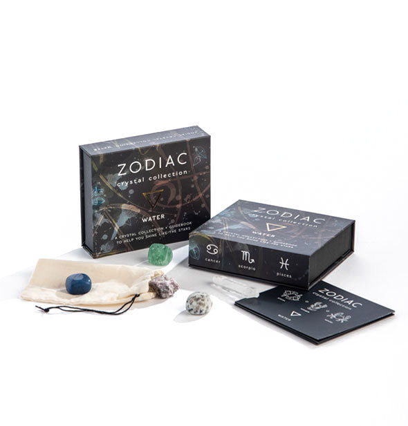 Box and components of the Zodiac Crystal Collection for Water signs