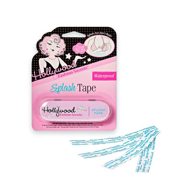 Black and pink pack of Hollywood Fashion Secrets Waterproof Splash Tape pack with four adhesive stripes removed and placed in the foreground