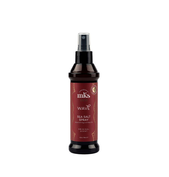 Brown 4 ounce bottle of MKS eco Wave Sea Salt Spray with red and gold label