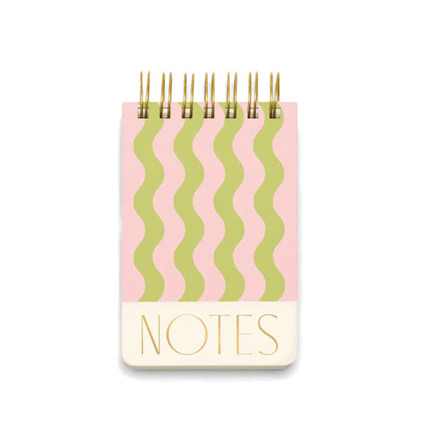 Double gold ring bound "Notes" Pad with gold foil lettering on a white background below wavy vertical pink and green stripes