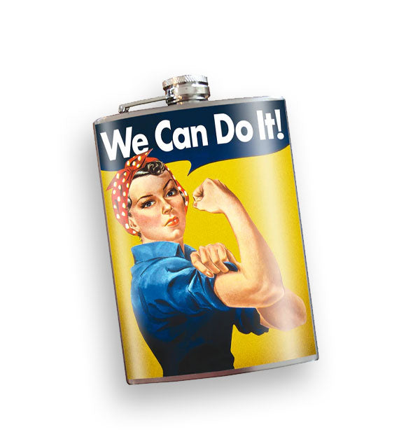 Flask with silver cap features all-over classic artwork of Rosie the Riveter saying, "We Can Do It!"