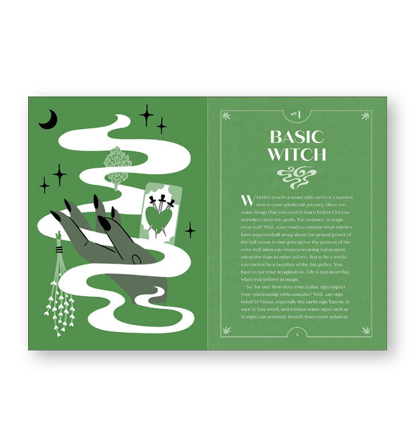 Green page spread from Weed Weed features a chapter titled, "Basic Witch" alongside a mysterious monochromatic illustration