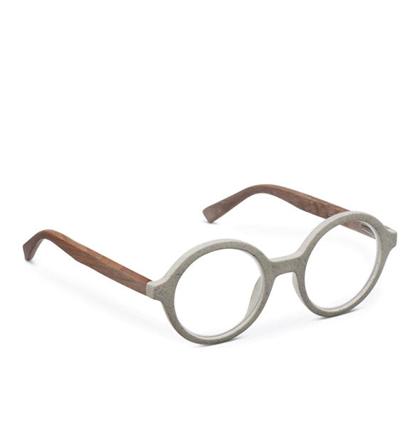 Round gray glasses with wood arms