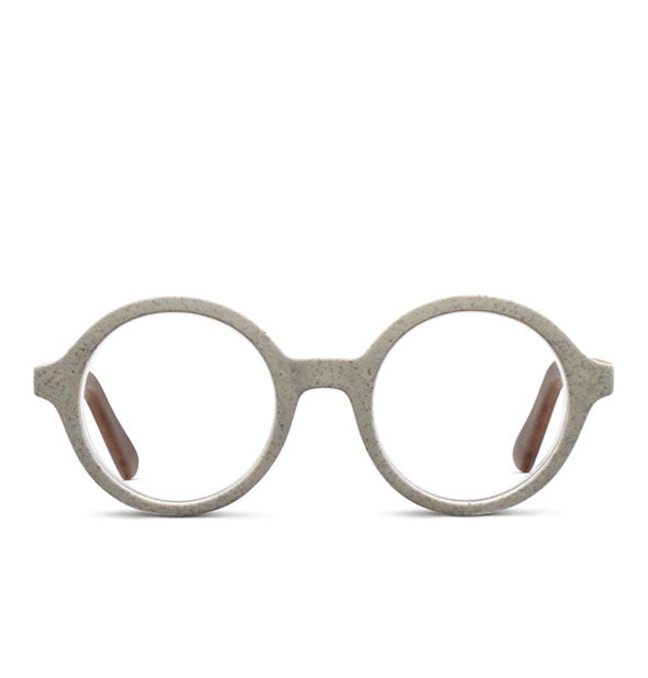 Round gray glasses with wood temple tips