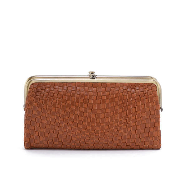 Brown woven leather wallet with gold-toned frame hardware