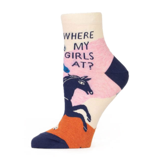 Side view of Where My Girls At? socks with horse illustration