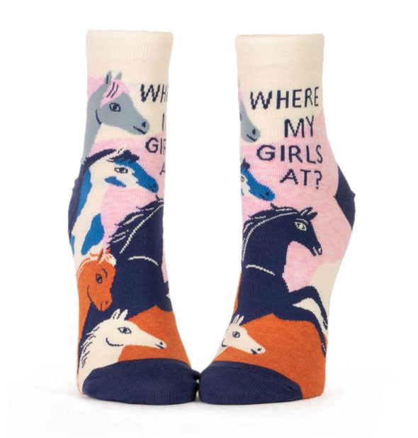 Pair of socks with illustration of galloping horses say, "Where my girls at?"