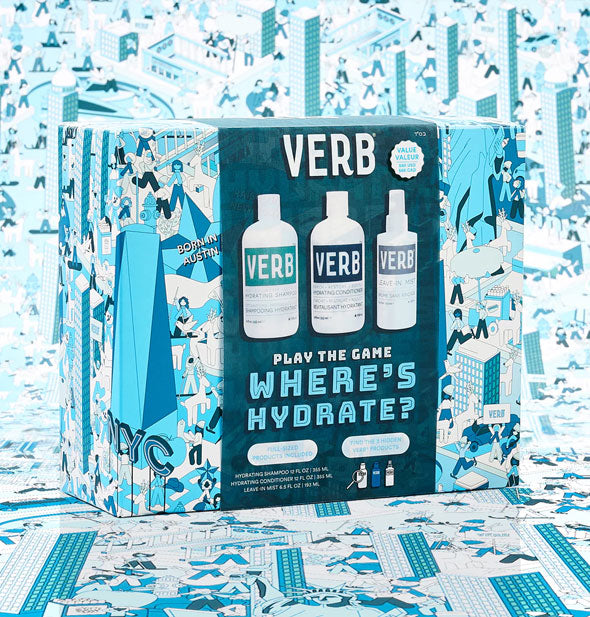 Heavily patterned blue Verb Where's Hydrate? Holiday Kit box on a matching backdrop